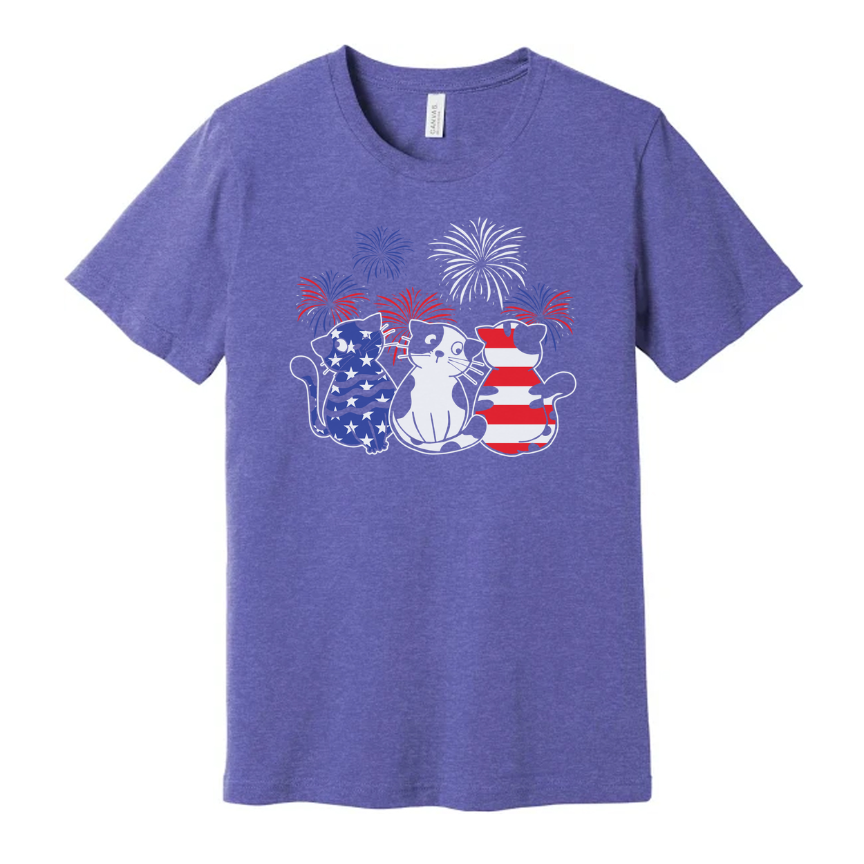 Patriotic Cat Trio T Shirt Featuring Three Cats With American Flag Patterns And Fireworks