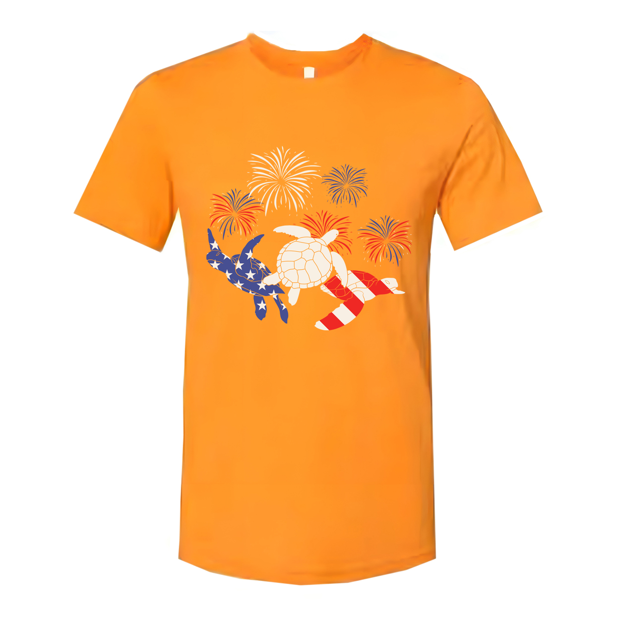 Stars And Stripes Turtle Graphic Tee With Fireworks Artwork For Independence Day And Summer Wear