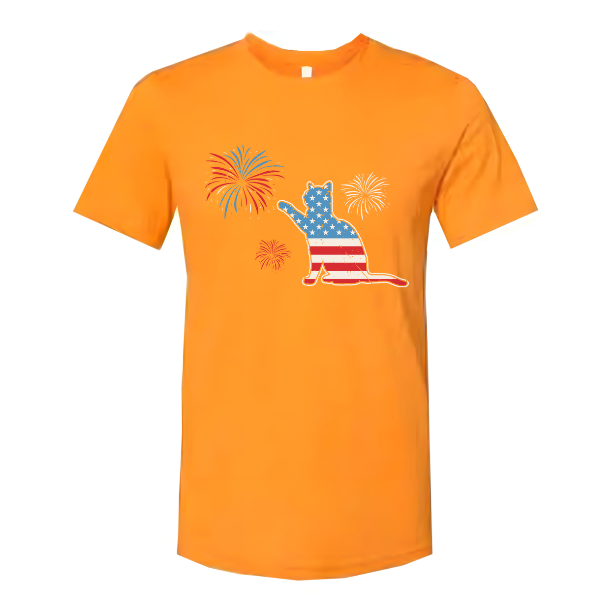Patriotic Cat Graphic T Shirt With American Flag Pattern And Firework Design Unisex