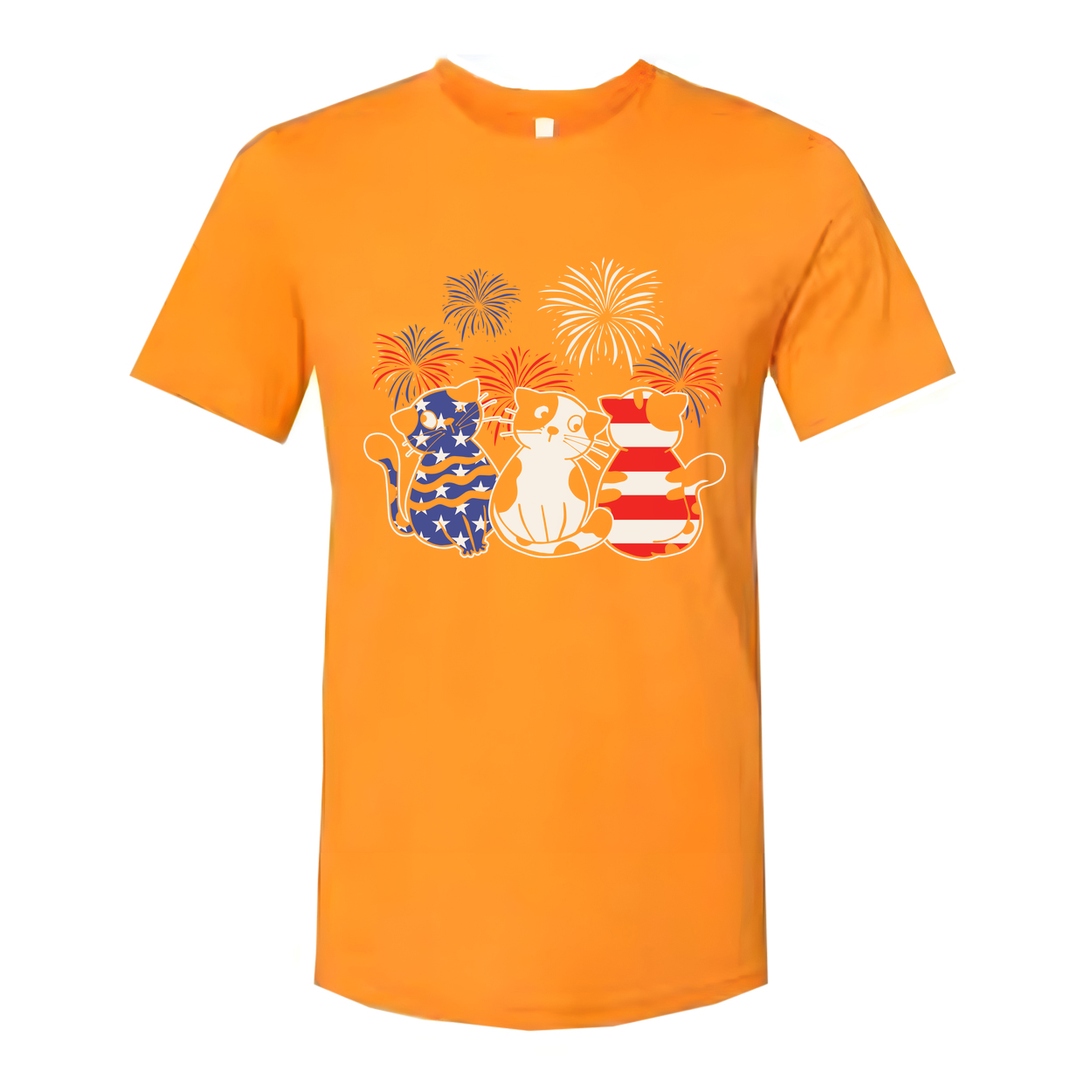 Patriotic Cat Trio T Shirt Featuring Three Cats With American Flag Patterns And Fireworks