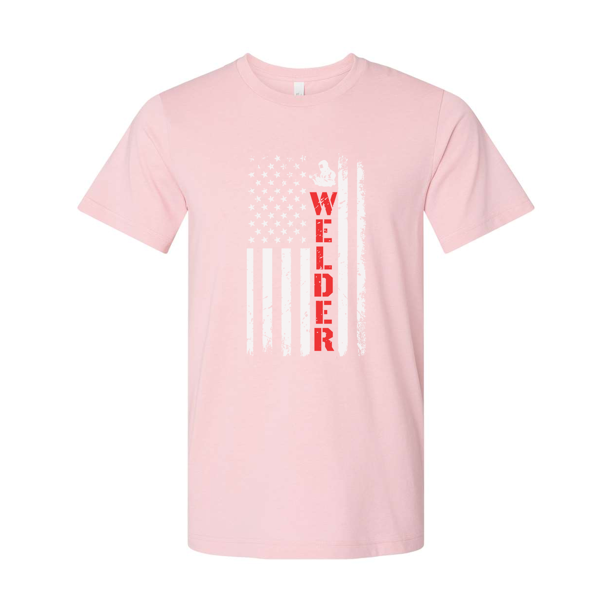 Unisex Welder Flag Graphic T Shirt With Distressed American Flag And Red Vertical Welder Text