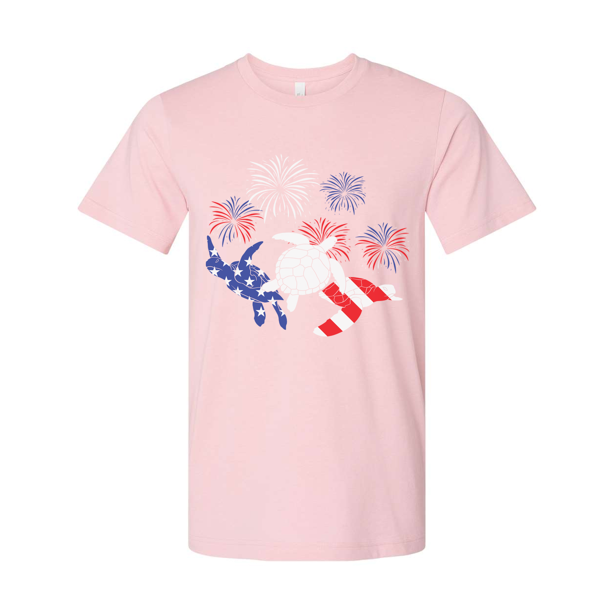 Stars And Stripes Turtle Graphic Tee With Fireworks Artwork For Independence Day And Summer Wear