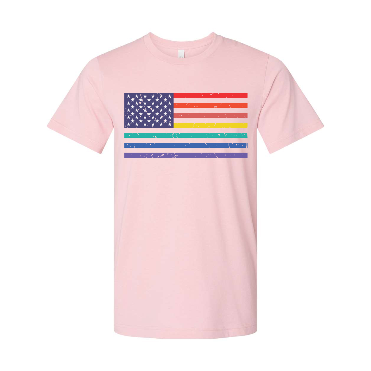 Unisex American Flag Tee With Rainbow Stripes Graphic Across Chest For Pride And Equality