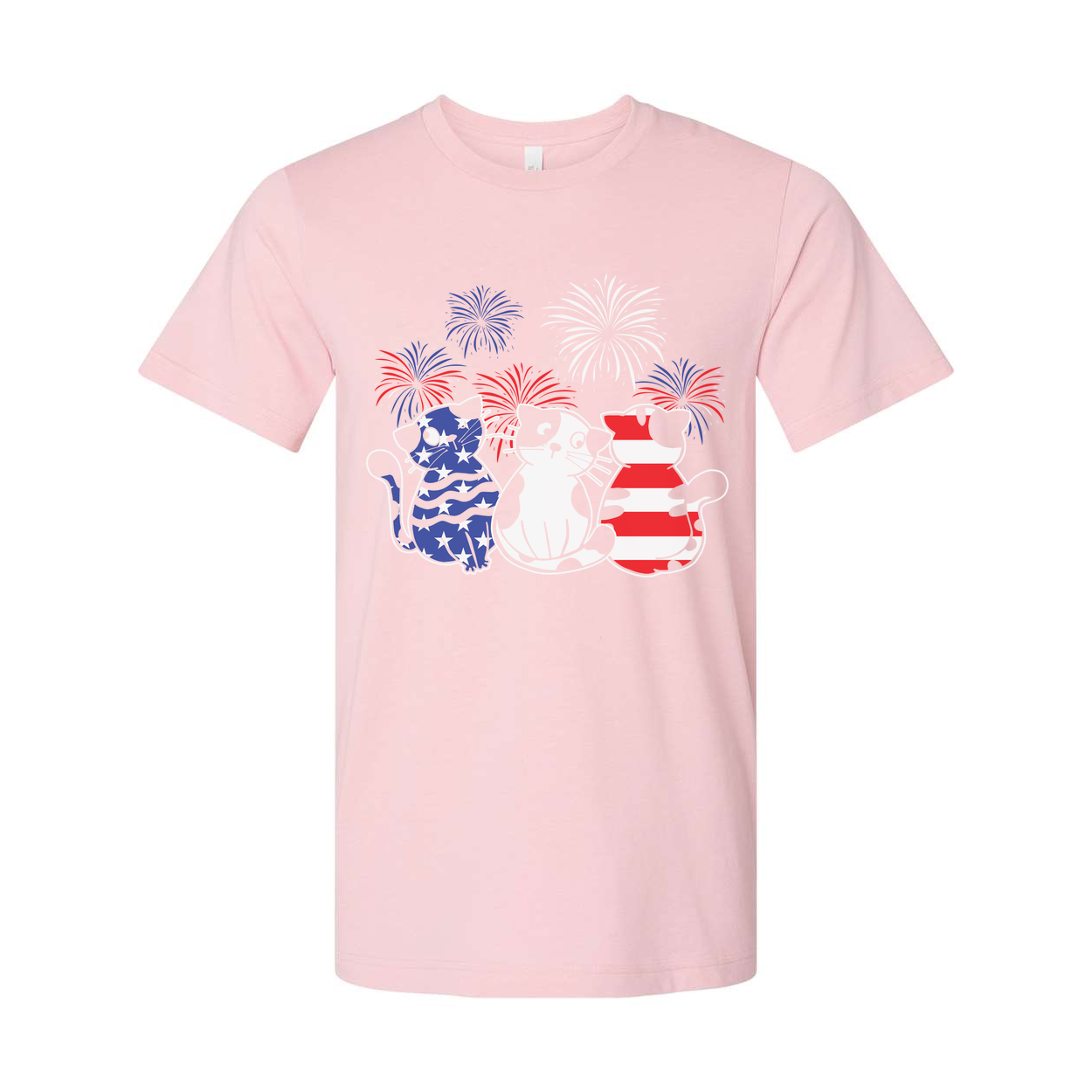 Patriotic Cat Trio T Shirt Featuring Three Cats With American Flag Patterns And Fireworks