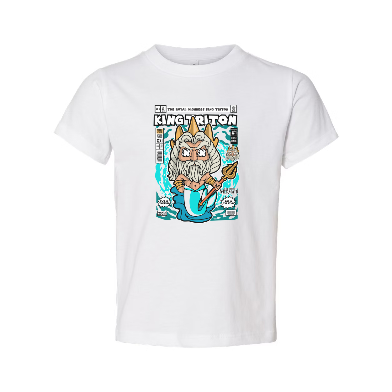 King Triton Comic Book Style Unisex T Shirt Featuring Trident Pose And Mermaid Themed Artwork