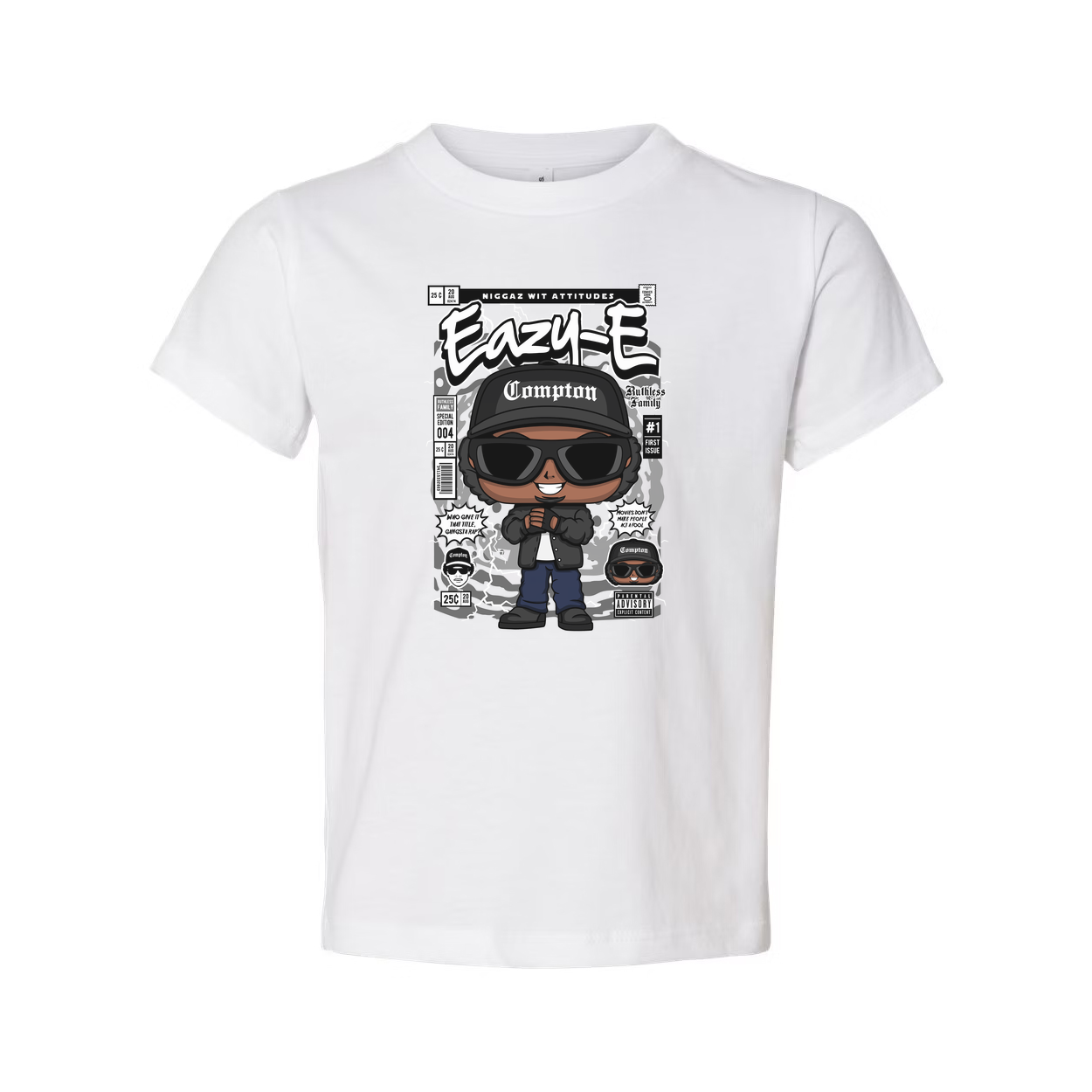 Unisex Eazy-E Cartoon Graphic Tee With Compton Hat And Sunglasses, Retro Hip Hop Artwork