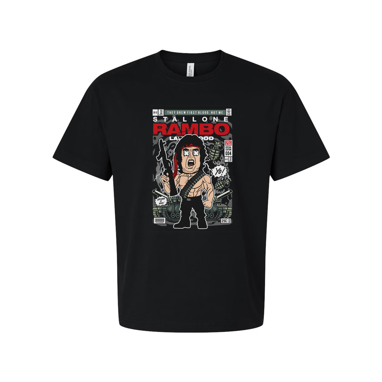 Rambo Graphic T Shirt With Retro Comic Style Artwork Featuring Action Hero Illustration