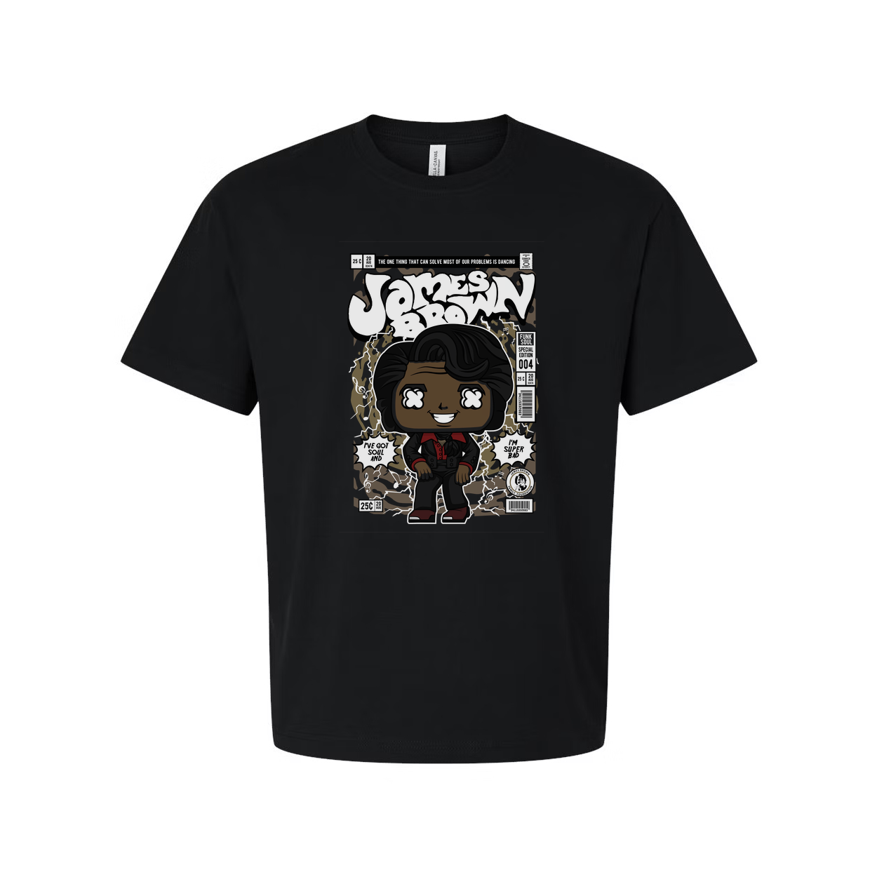 James Brown Comic Style Unisex Tee With Cartoon Portrait And Vintage Magazine Cover Artwork