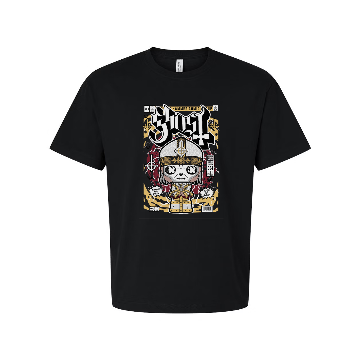Ghost Band Graphic Tee Featuring Cartoon Papal Skeleton Design On Unisex Short Sleeve Shirt
