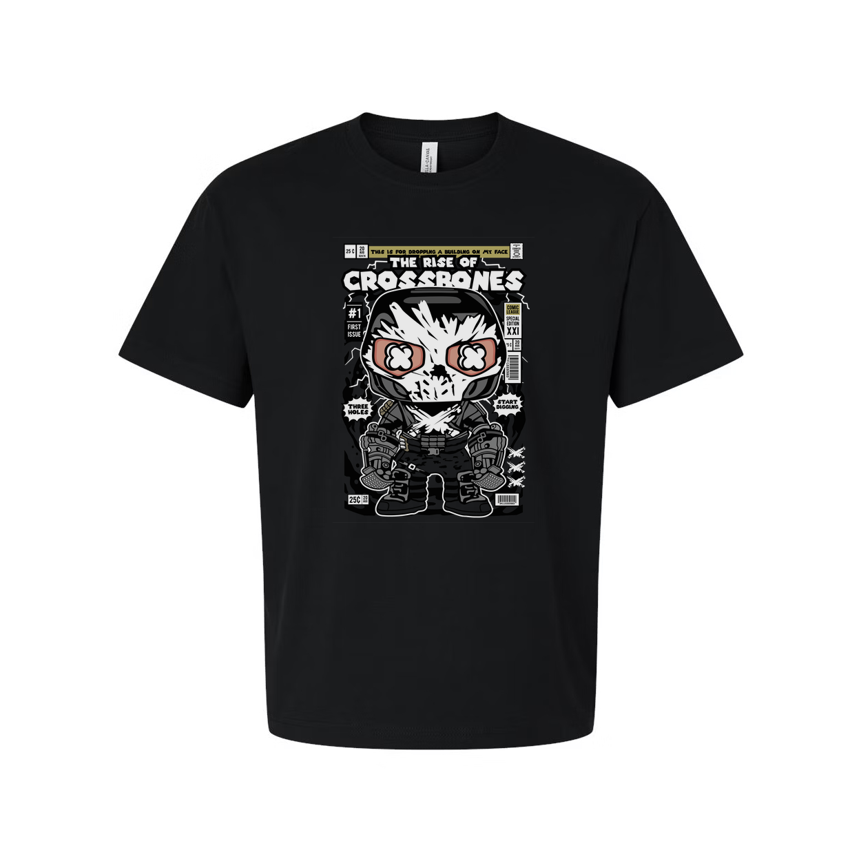 Unisex Skull Crossbones Comic Graphic Tee With Bold Monochrome Artwork And Crew Neck Short Sleeve