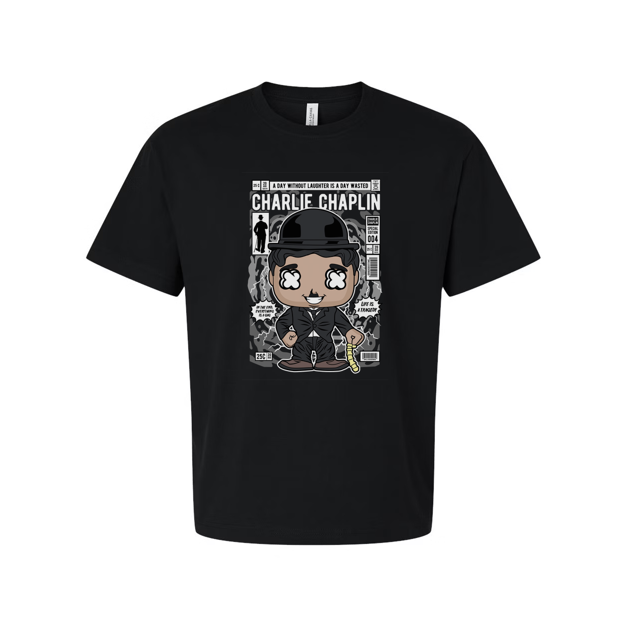 Charlie Chaplin Cartoon Graphic Tee Unisex Shirt With Bowler Hat Cane And Comic Background