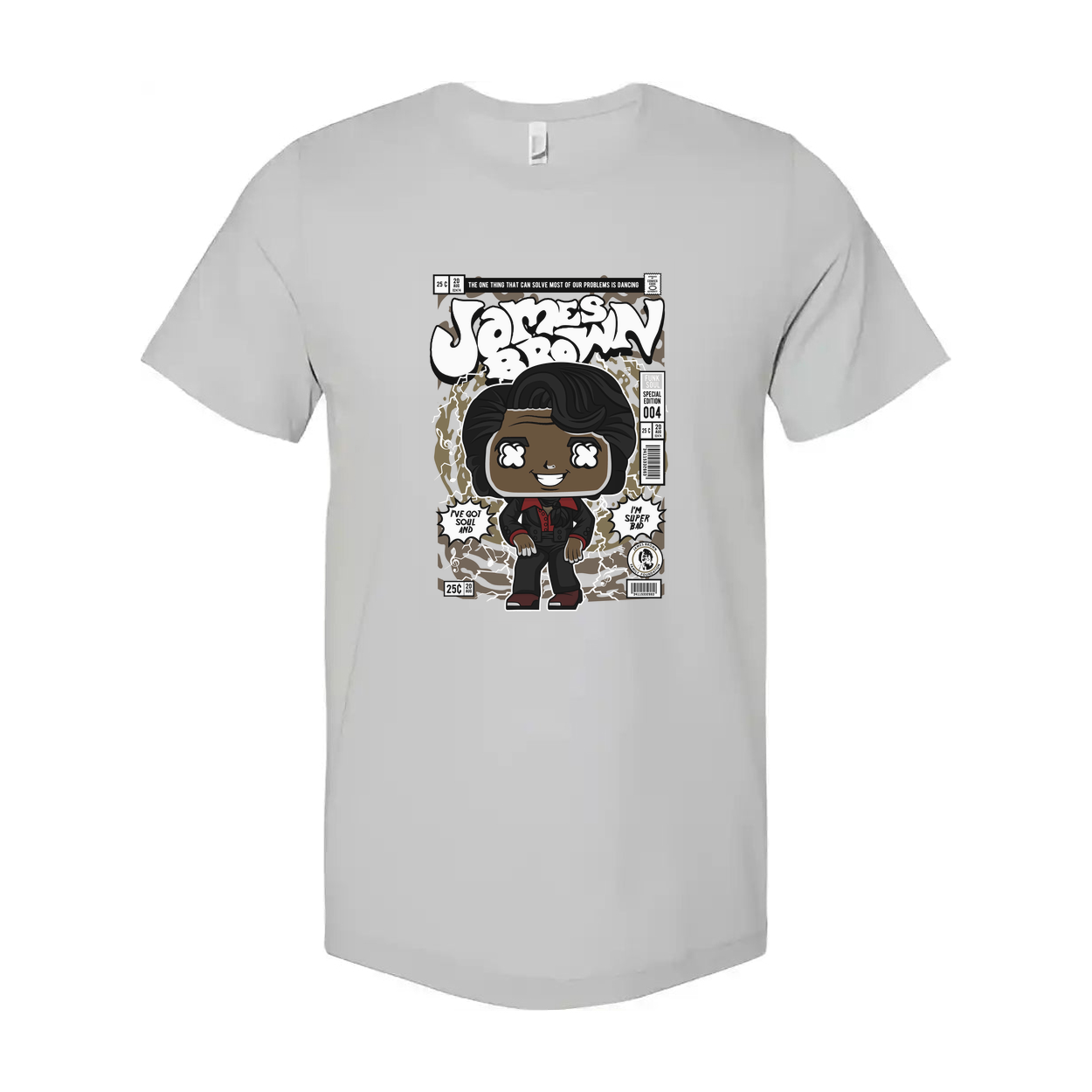 James Brown Comic Style Unisex Tee With Cartoon Portrait And Vintage Magazine Cover Artwork