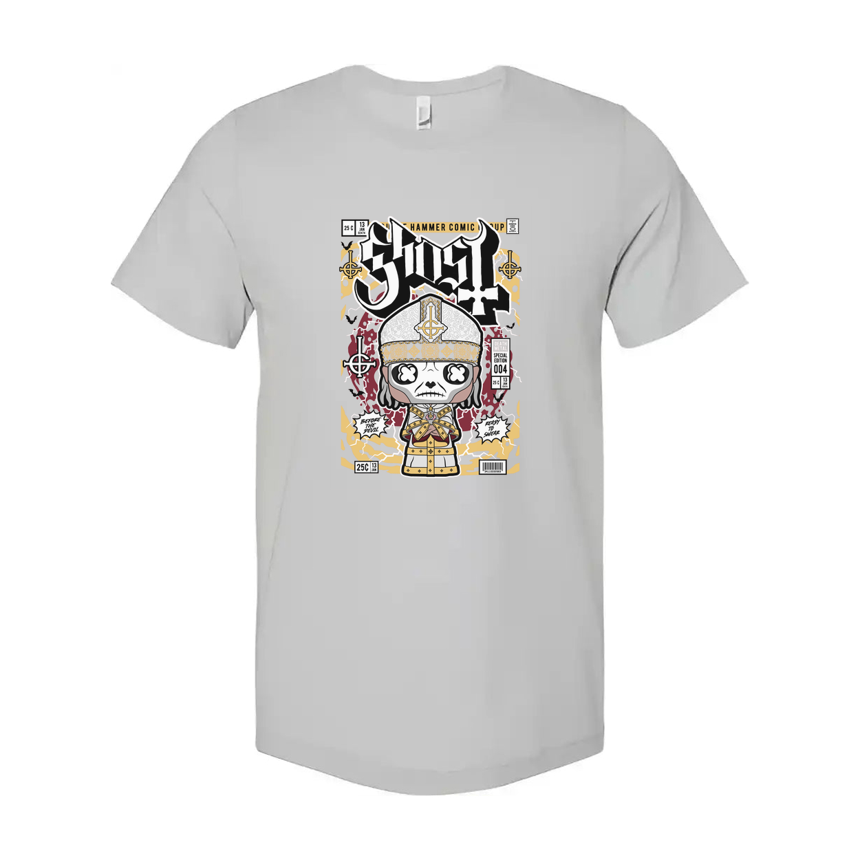 Ghost Band Graphic Tee Featuring Cartoon Papal Skeleton Design On Unisex Short Sleeve Shirt