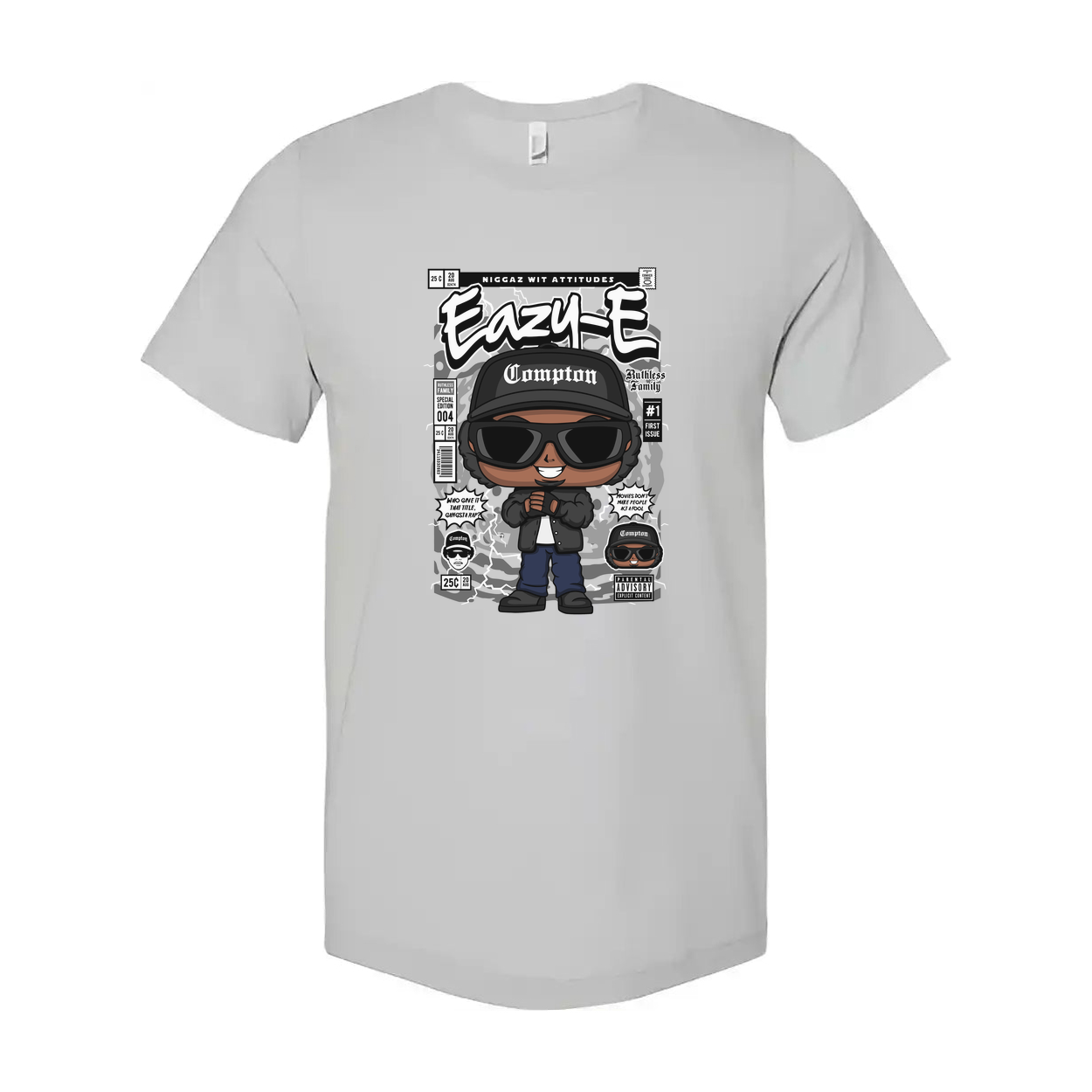 Unisex Eazy-E Cartoon Graphic Tee With Compton Hat And Sunglasses, Retro Hip Hop Artwork