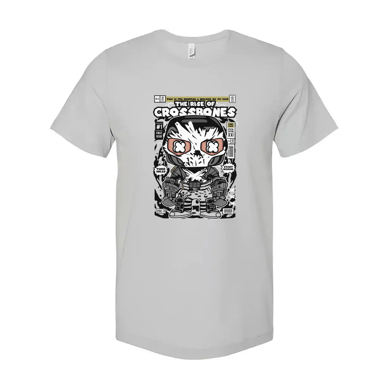 Unisex Skull Crossbones Comic Graphic Tee With Bold Monochrome Artwork And Crew Neck Short Sleeve