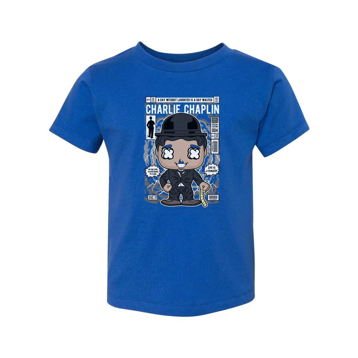 Charlie Chaplin Cartoon Graphic Tee Unisex Shirt With Bowler Hat Cane And Comic Background
