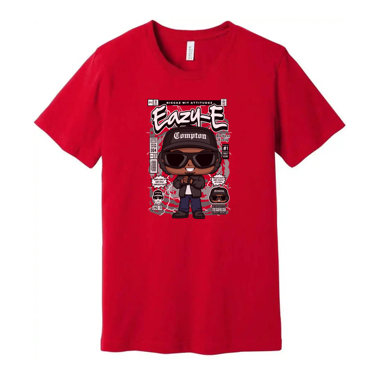 Unisex Eazy-E Cartoon Graphic Tee With Compton Hat And Sunglasses, Retro Hip Hop Artwork