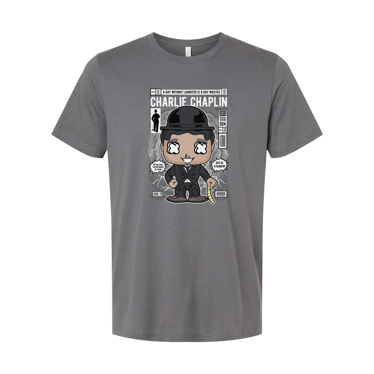 Charlie Chaplin Cartoon Graphic Tee Unisex Shirt With Bowler Hat Cane And Comic Background