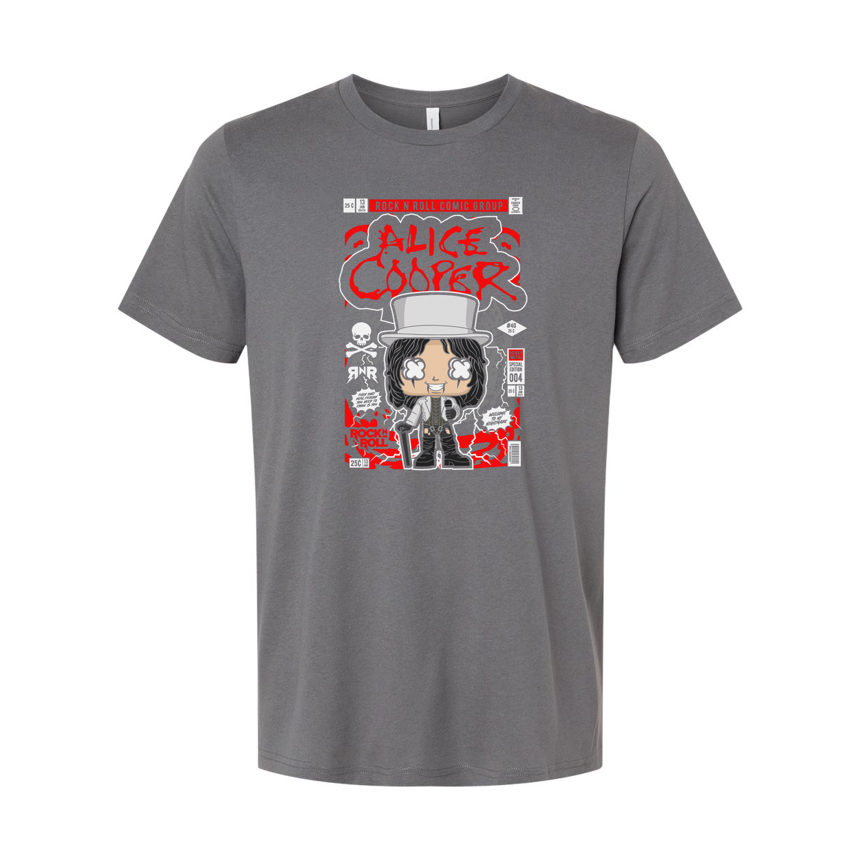 Alice Cooper Graphic Unisex Tee With Retro Rock Artwork And Band Portrait Print Featuring Bold Red And Gray Palette