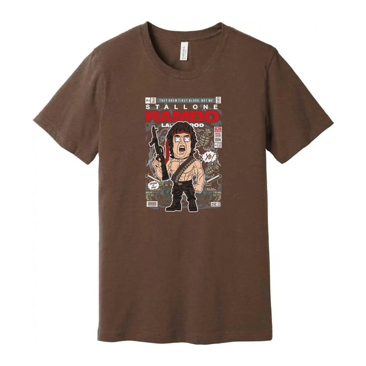 Rambo Graphic T Shirt With Retro Comic Style Artwork Featuring Action Hero Illustration