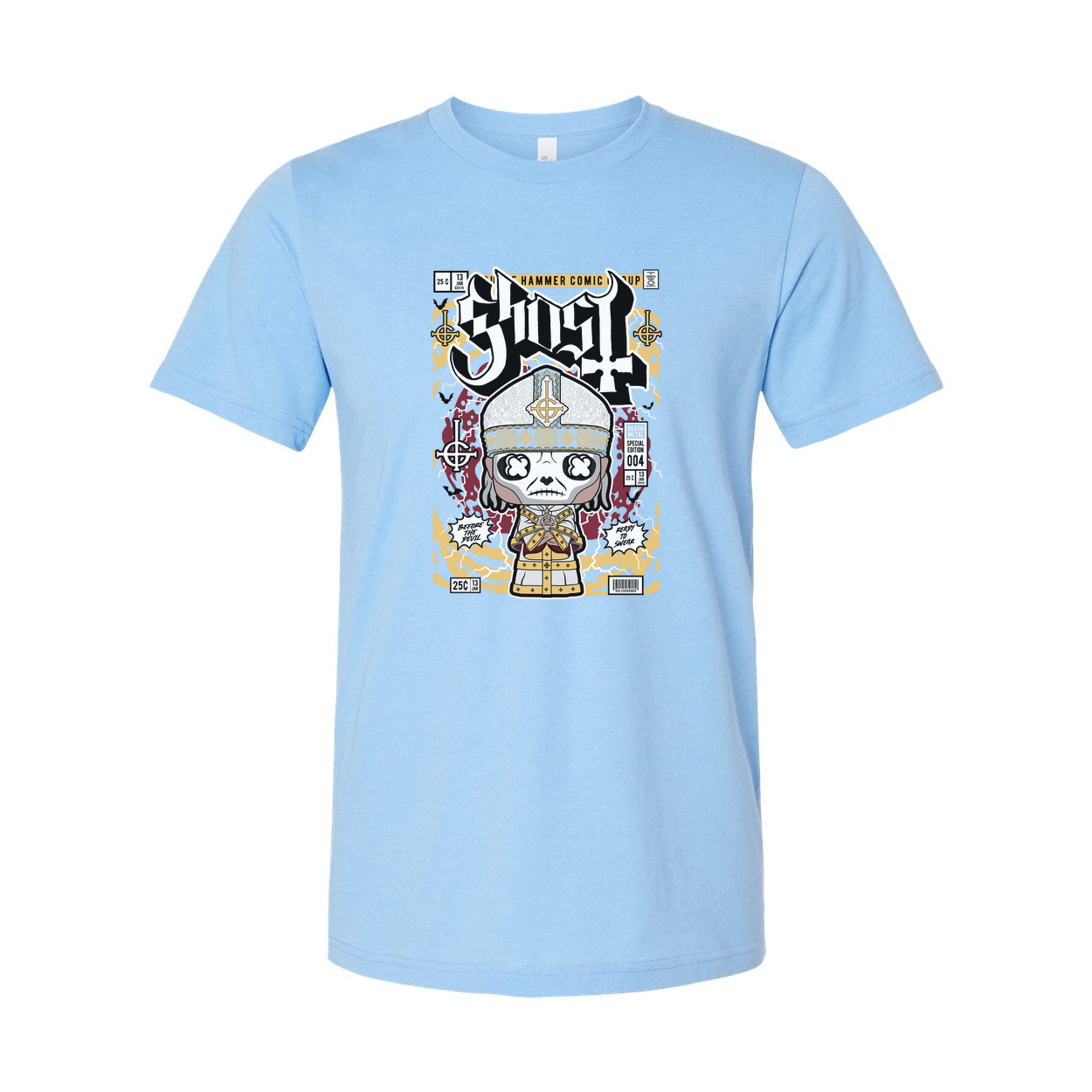 Ghost Band Graphic Tee Featuring Cartoon Papal Skeleton Design On Unisex Short Sleeve Shirt