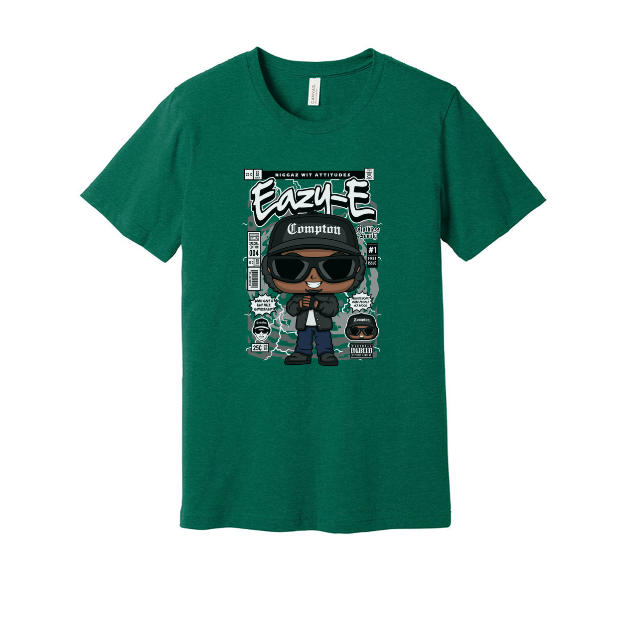 Unisex Eazy-E Cartoon Graphic Tee With Compton Hat And Sunglasses, Retro Hip Hop Artwork