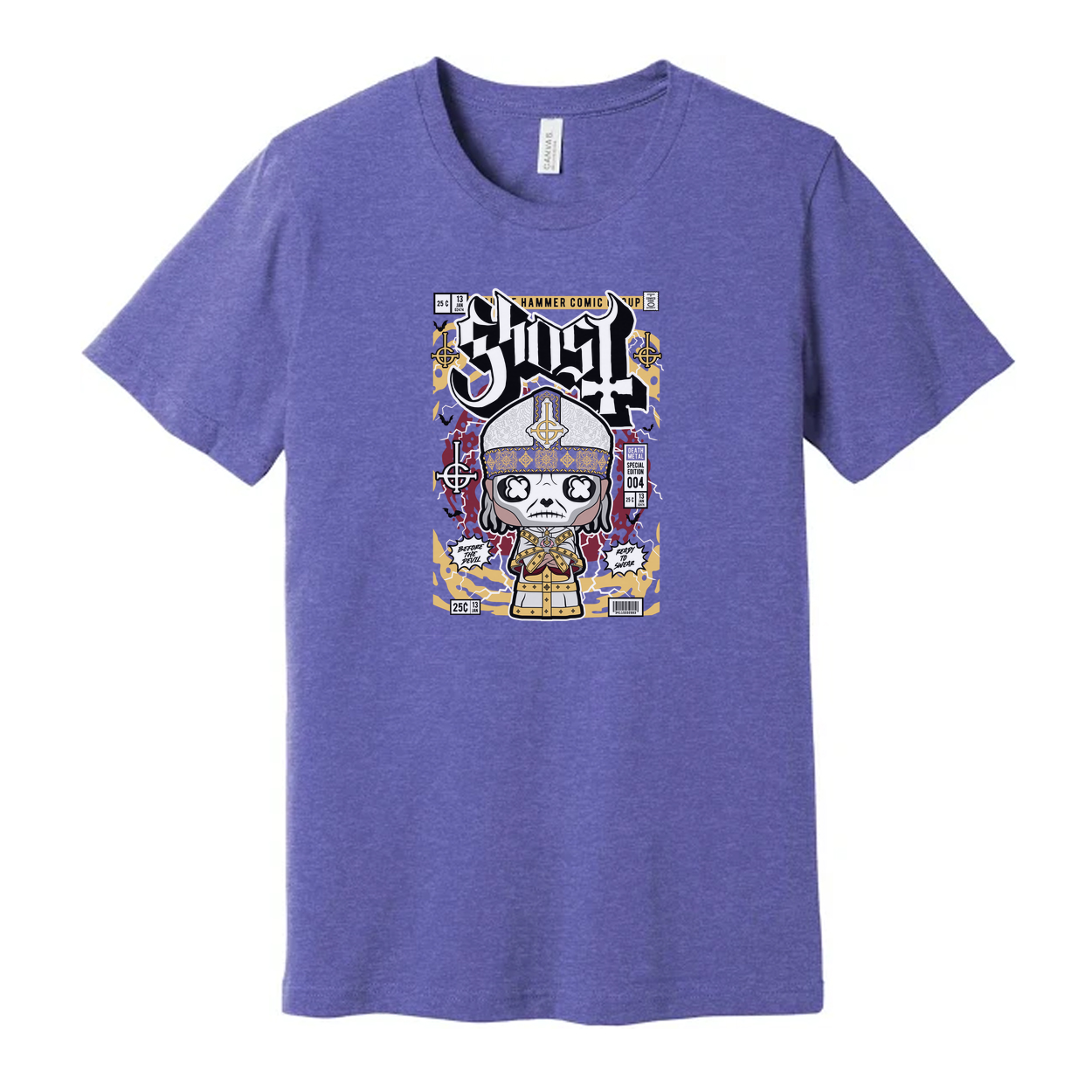 Ghost Band Graphic Tee Featuring Cartoon Papal Skeleton Design On Unisex Short Sleeve Shirt