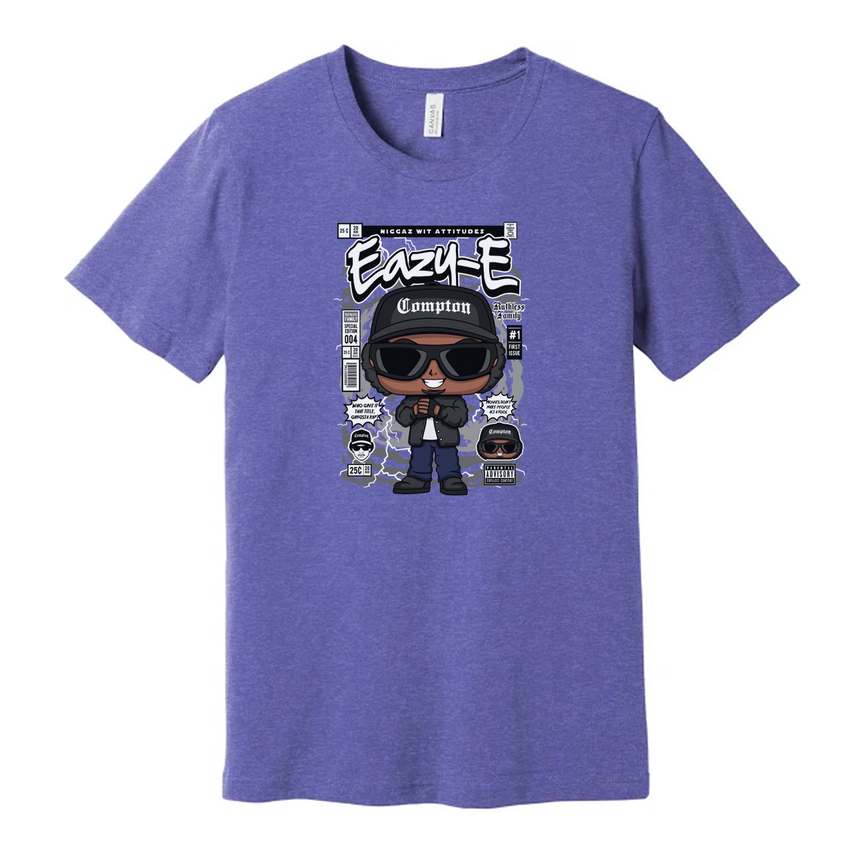Unisex Eazy-E Cartoon Graphic Tee With Compton Hat And Sunglasses, Retro Hip Hop Artwork
