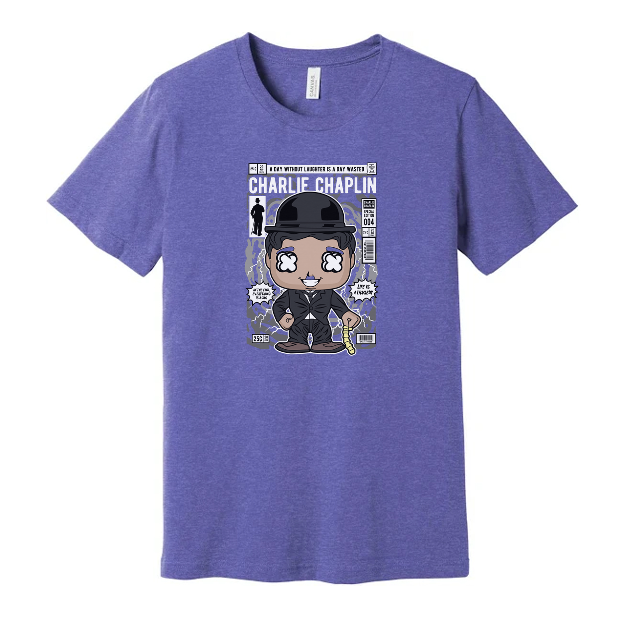 Charlie Chaplin Cartoon Graphic Tee Unisex Shirt With Bowler Hat Cane And Comic Background