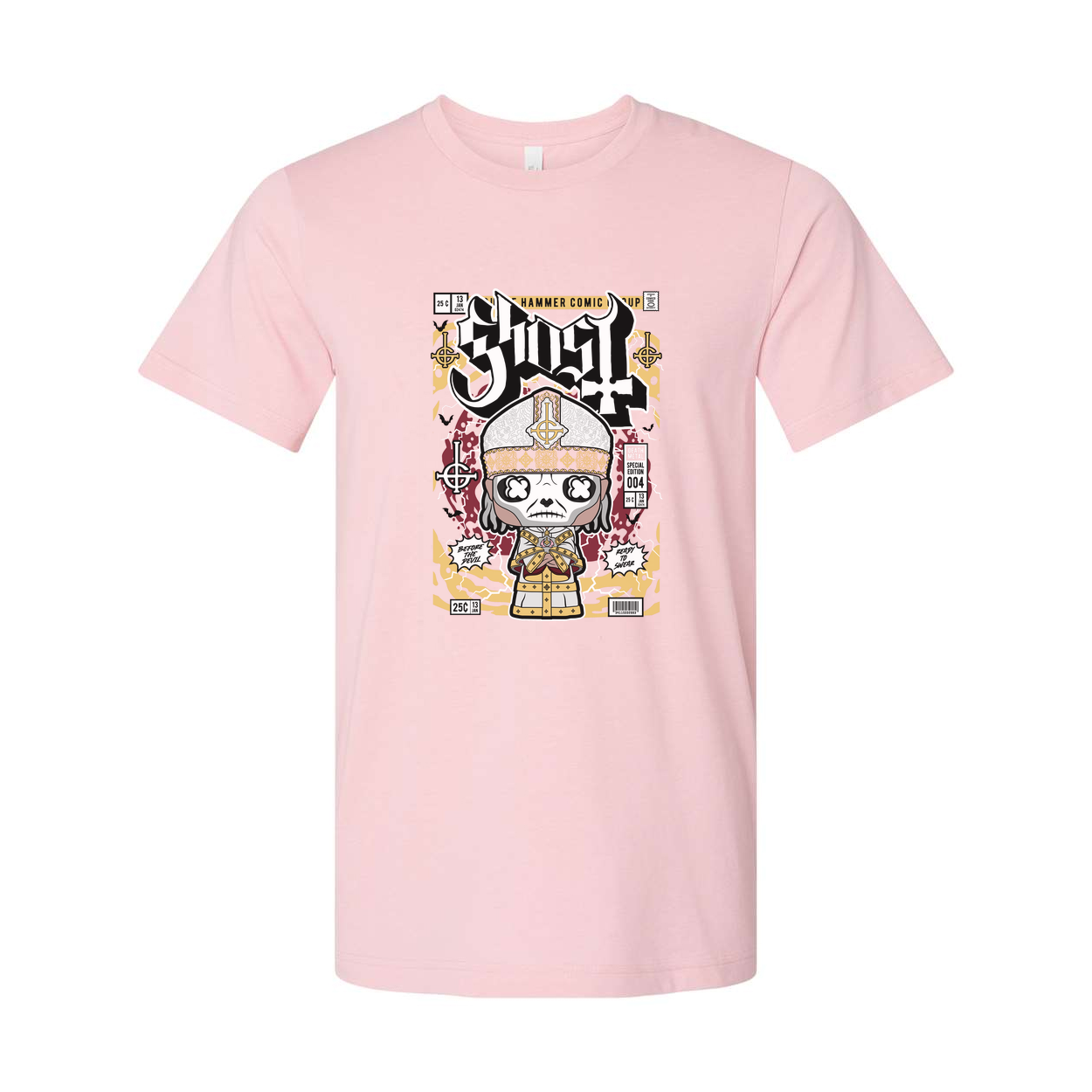 Ghost Band Graphic Tee Featuring Cartoon Papal Skeleton Design On Unisex Short Sleeve Shirt