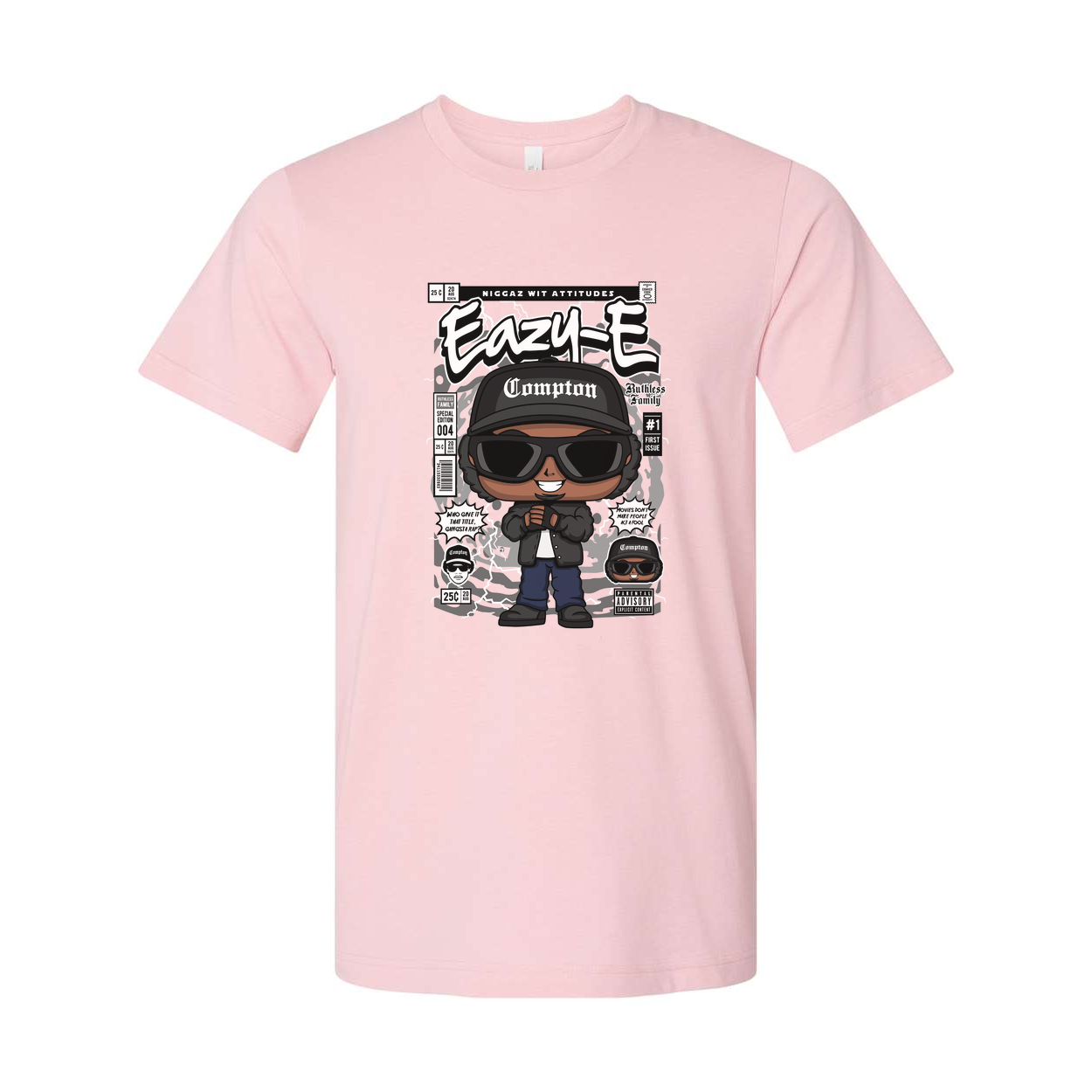 Unisex Eazy-E Cartoon Graphic Tee With Compton Hat And Sunglasses, Retro Hip Hop Artwork