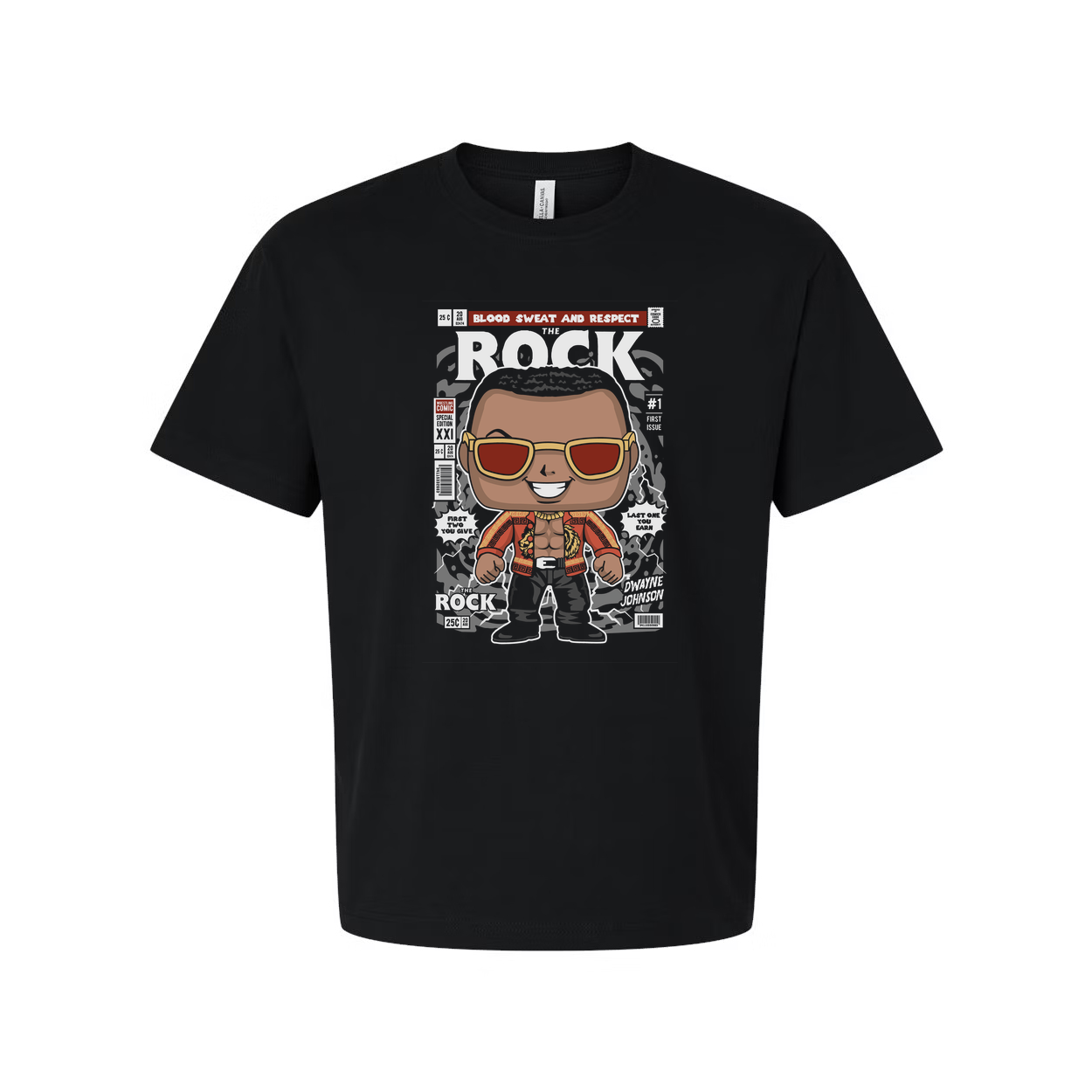 Dwayne Johnson The Rock Cartoon Graphic T Shirt With Sunglasses And Retro Magazine Cover Artwork Unisex Tee
