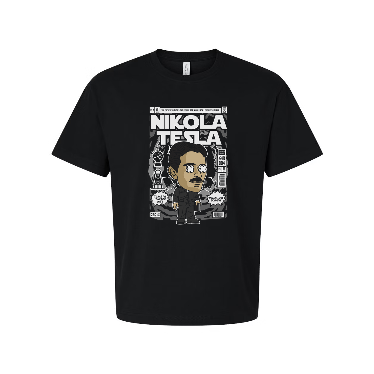 Nikola Tesla Graphic Unisex T Shirt Featuring Cartoon Portrait And Vintage Magazine Cover Illustration