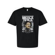 Nikola Tesla Graphic Unisex T Shirt Featuring Cartoon Portrait And Vintage Magazine Cover Illustration