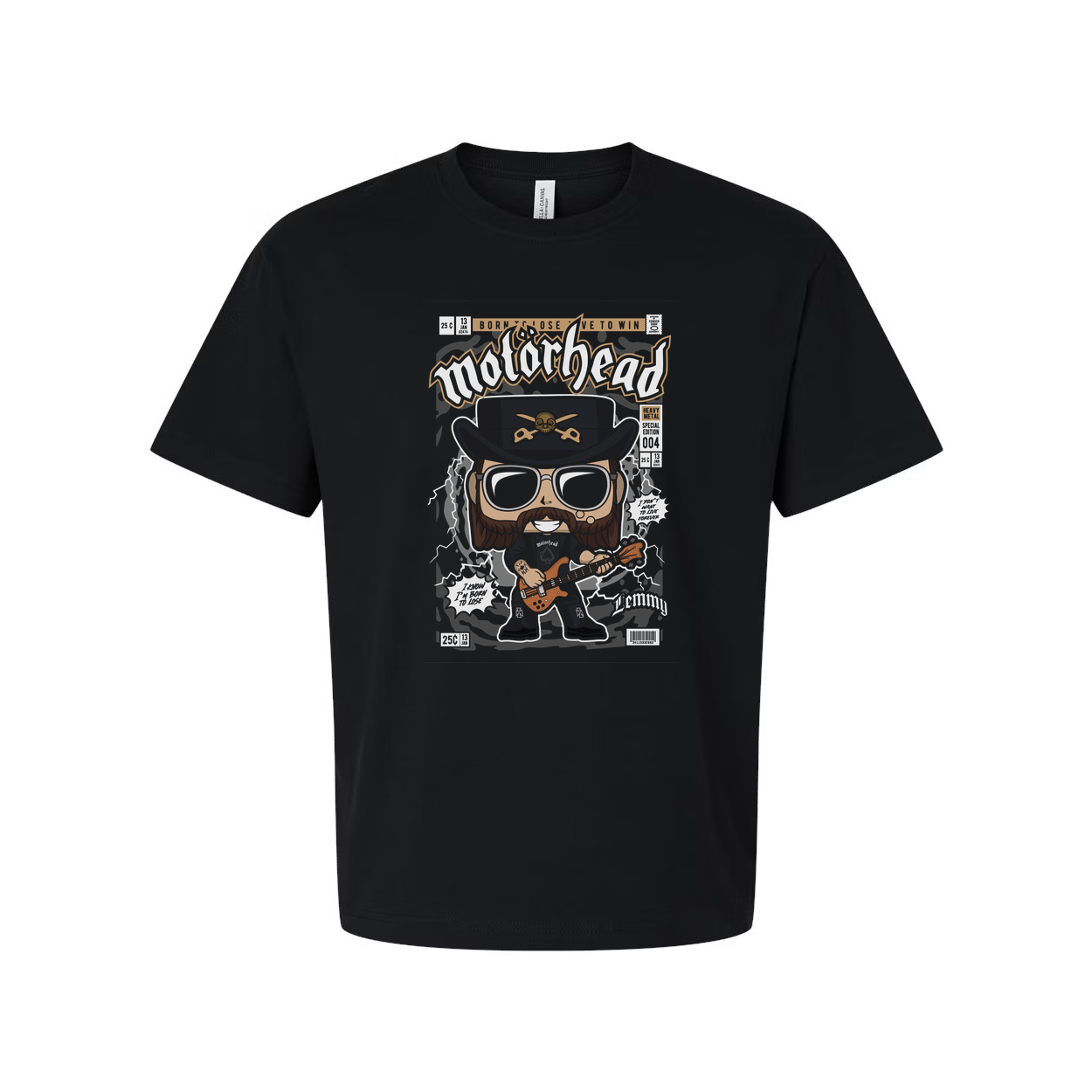 Motörhead Graphic Cartoon Guitarist Unisex T Shirt With Skull Hat And Glasses Design