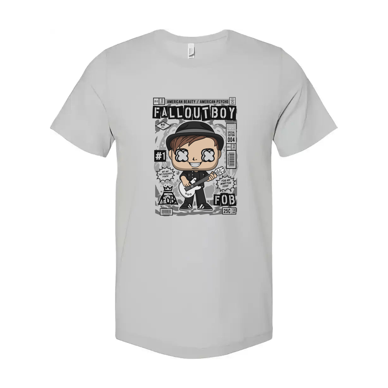 Fall Out Boy Cartoon Graphic Tee Unisex Music Band Shirt Featuring Bold Comic Style Illustration