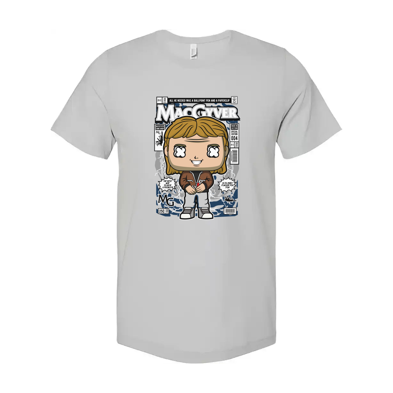 MacGyver Cartoon Style Graphic Tee For Unisex Wear With Comic Book Cover Artwork