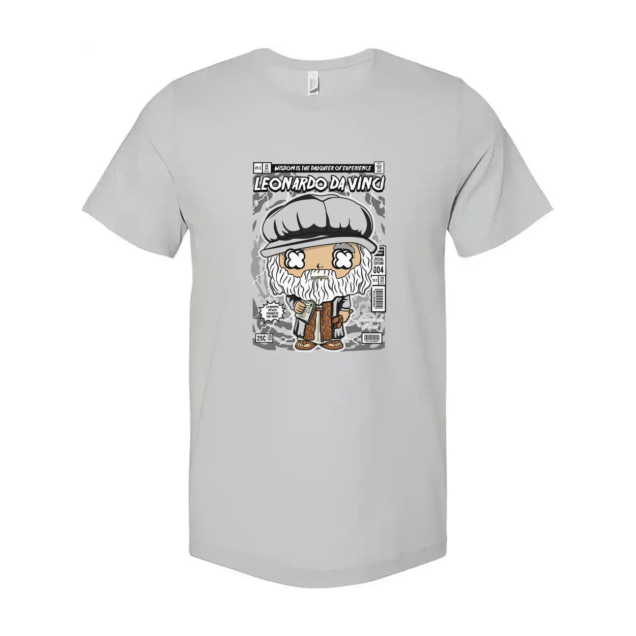 Leonardo Da Vinci Themed Unisex Graphic Tee Featuring A Cartoon Bust And Vintage Comic Panel Design