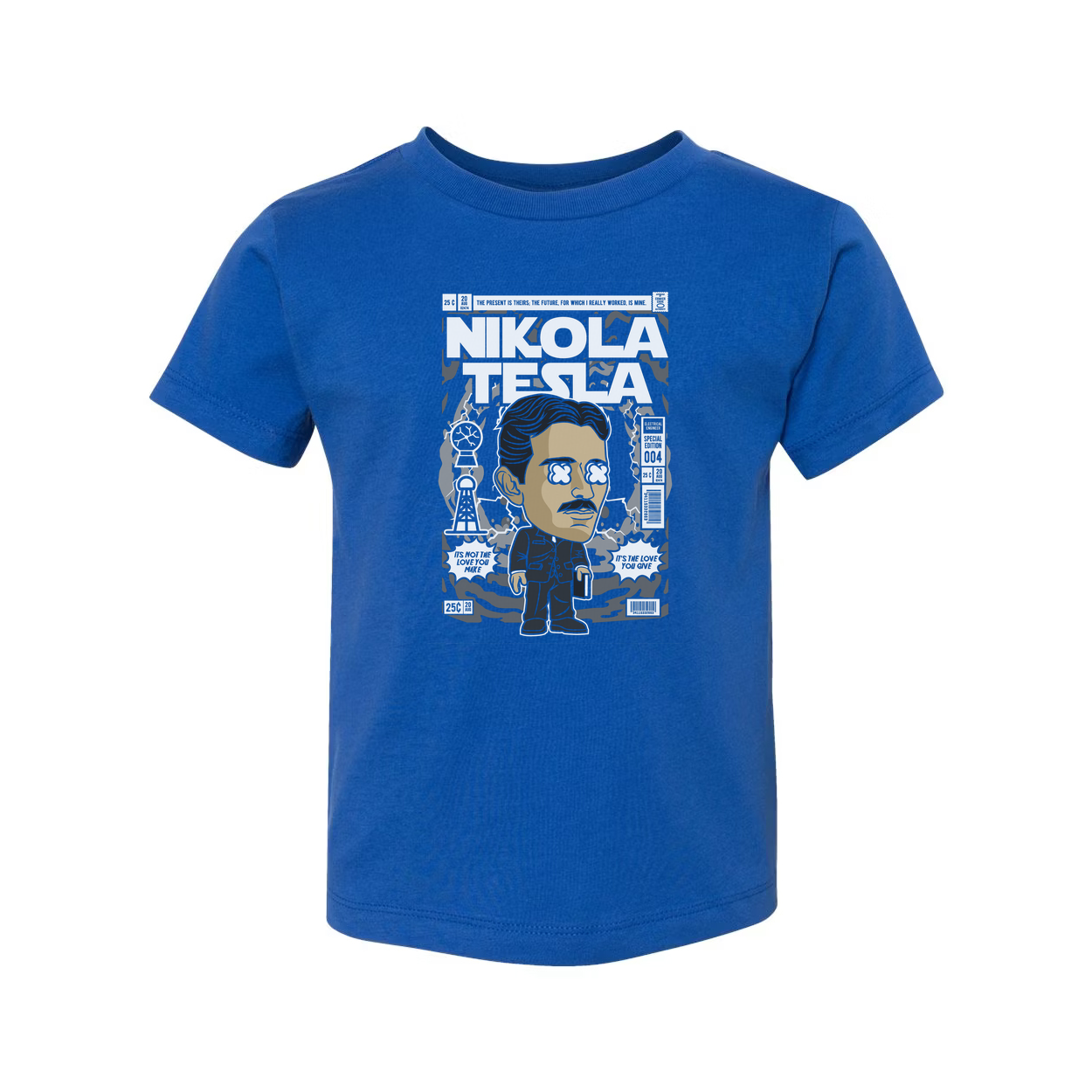 Nikola Tesla Graphic Unisex T Shirt Featuring Cartoon Portrait And Vintage Magazine Cover Illustration