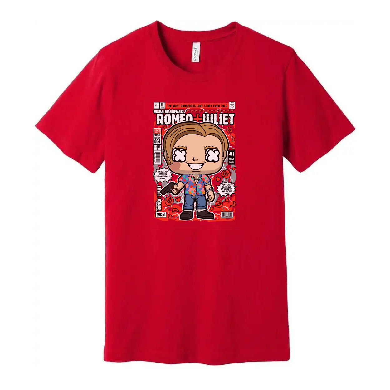 Romeo And Juliet Pop Art Cartoon Graphic Tee With Comic Book Panel Design For Unisex Adults