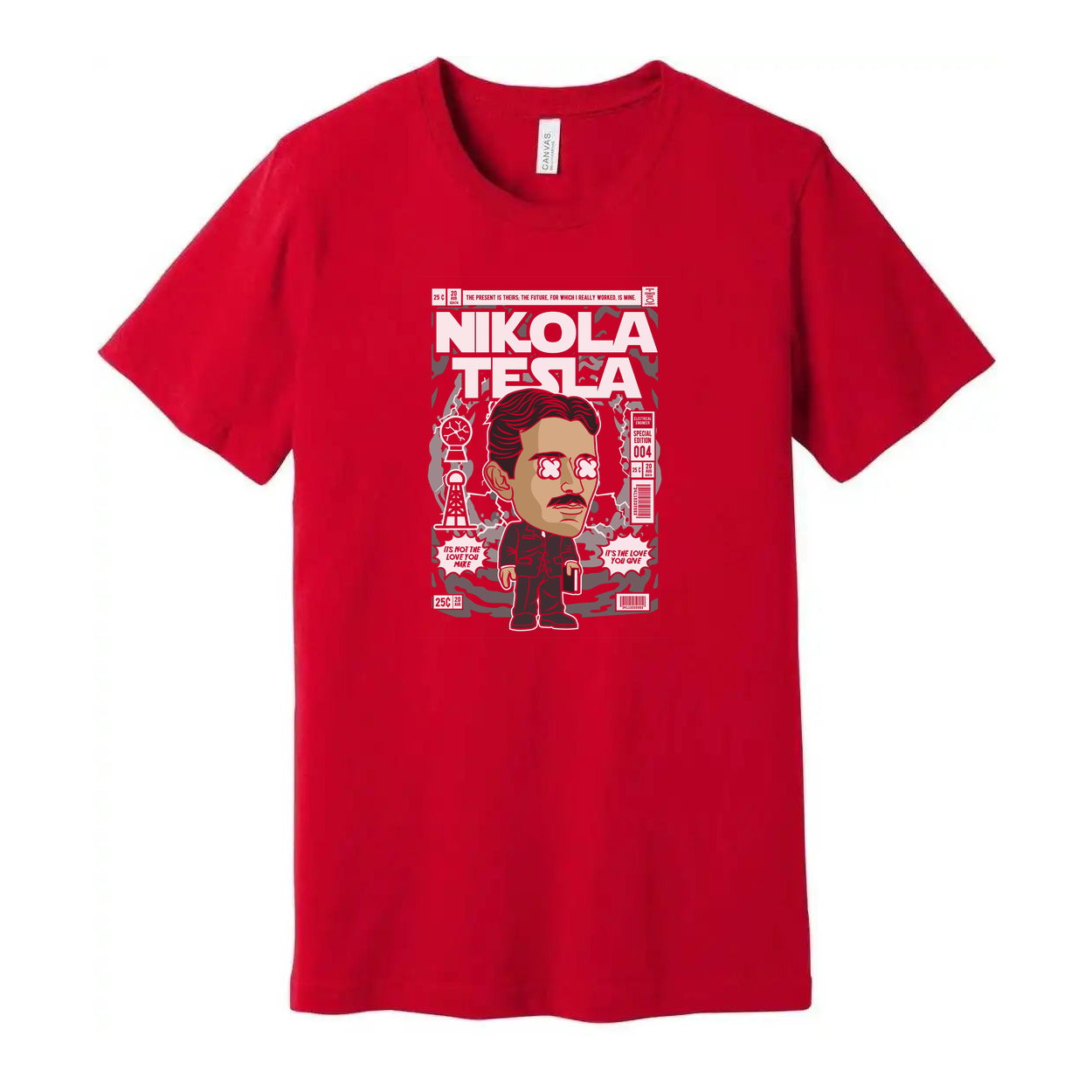 Nikola Tesla Graphic Unisex T Shirt Featuring Cartoon Portrait And Vintage Magazine Cover Illustration