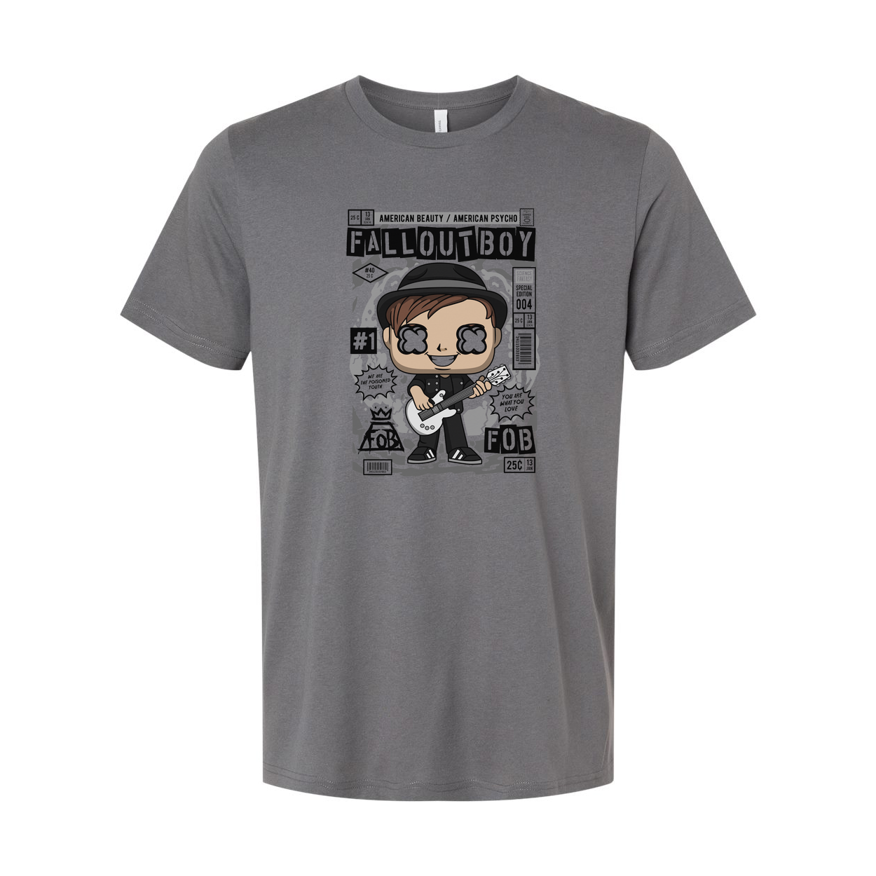 Fall Out Boy Cartoon Graphic Tee Unisex Music Band Shirt Featuring Bold Comic Style Illustration