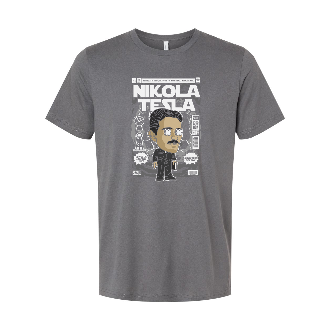 Nikola Tesla Graphic Unisex T Shirt Featuring Cartoon Portrait And Vintage Magazine Cover Illustration