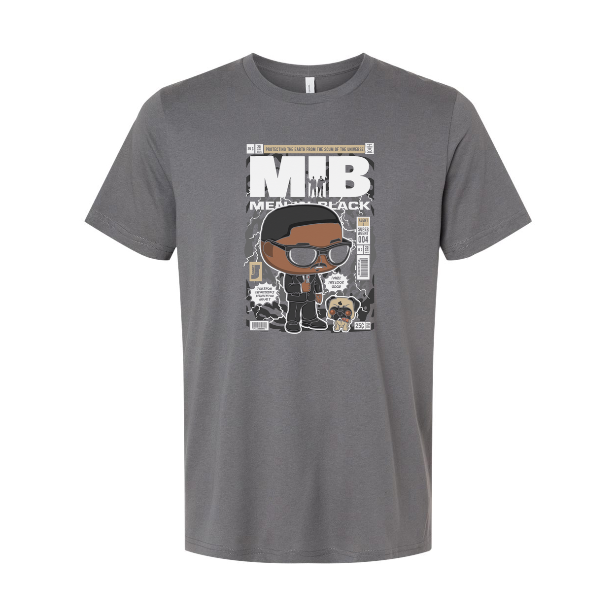 MIB Cartoon Style Graphic Tee With Bold Comic Background And Caricature Agent For Men And Women