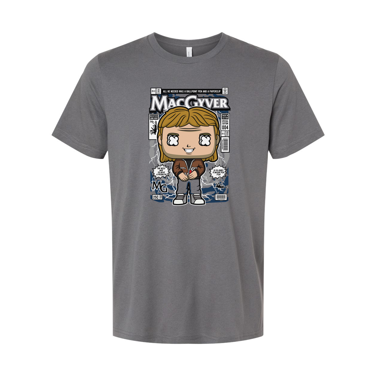 MacGyver Cartoon Style Graphic Tee For Unisex Wear With Comic Book Cover Artwork