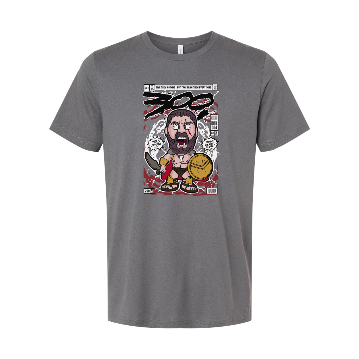 Unisex Cartoon Spartan Warrior Comic Style T Shirt With Shield And Sword Graphic Design