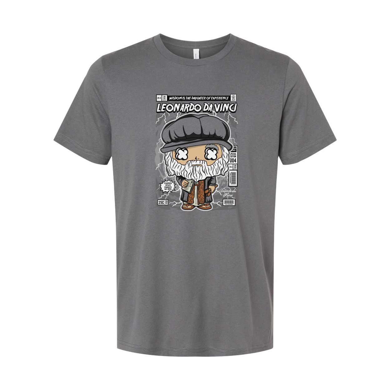 Leonardo Da Vinci Themed Unisex Graphic Tee Featuring A Cartoon Bust And Vintage Comic Panel Design