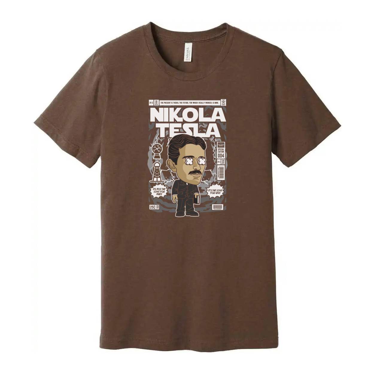 Nikola Tesla Graphic Unisex T Shirt Featuring Cartoon Portrait And Vintage Magazine Cover Illustration