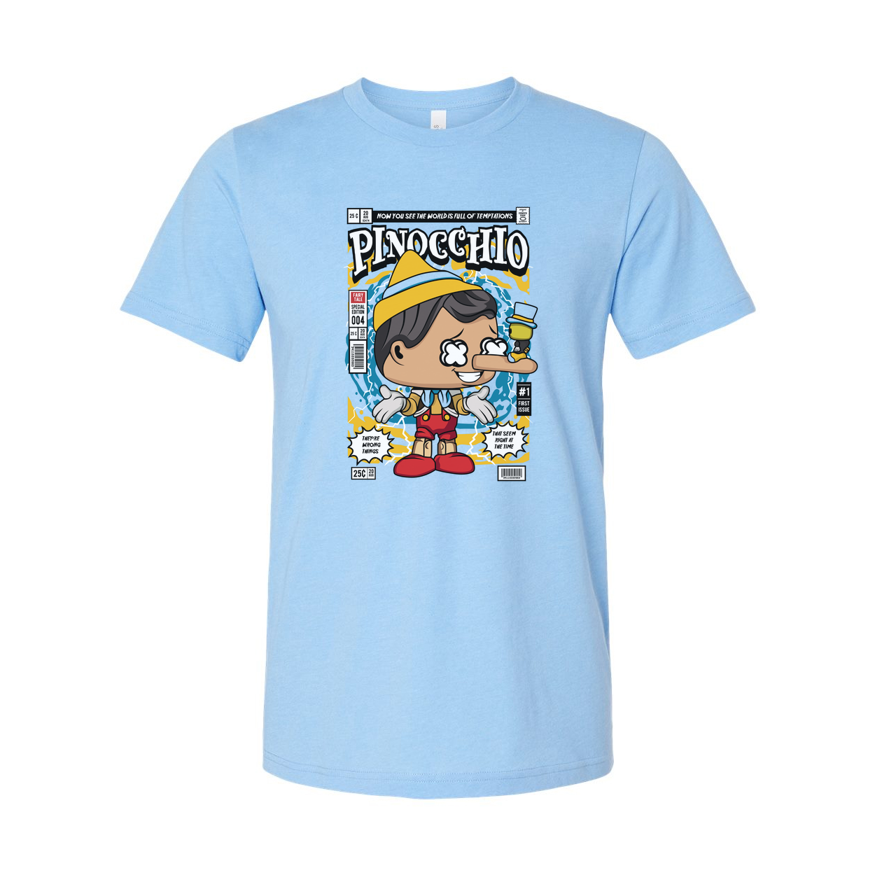 Pinocchio Comic Style Graphic Tee For Adults Unisex Short Sleeve Shirt With Vintage Comic Book Cover Art
