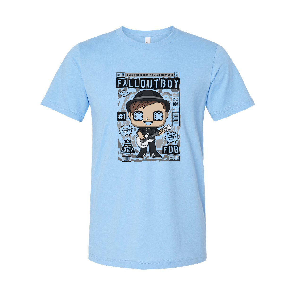 Fall Out Boy Cartoon Graphic Tee Unisex Music Band Shirt Featuring Bold Comic Style Illustration